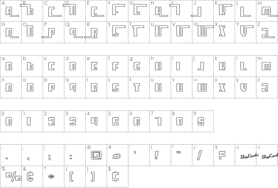 SF Cosmic Age Outine Upright font character map preview