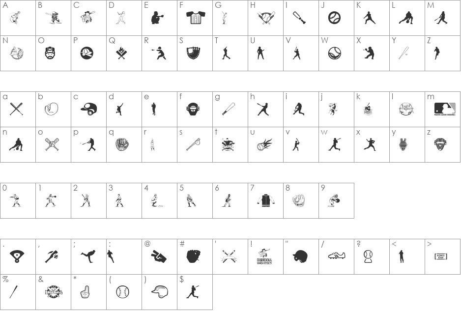 Baseball Icons font character map preview
