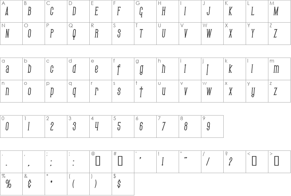 SF Gothican Condensed font character map preview