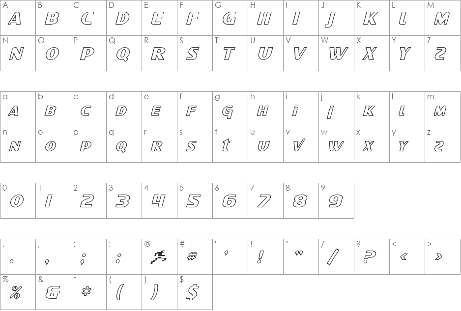 SF Intellivised Outline font character map preview