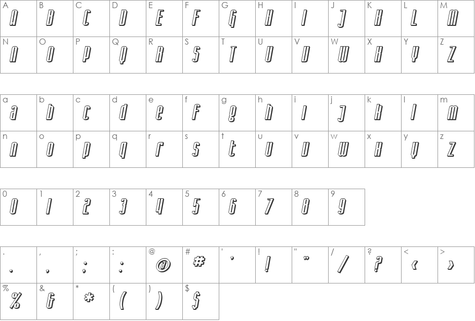 SF Iron Gothic Shaded font character map preview