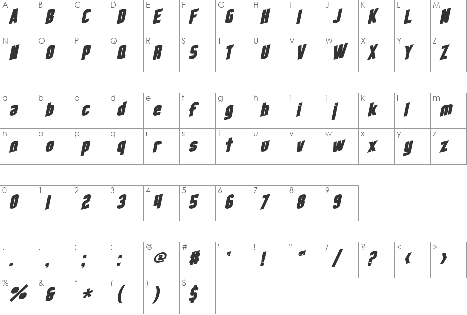 SF Obliquities font character map preview