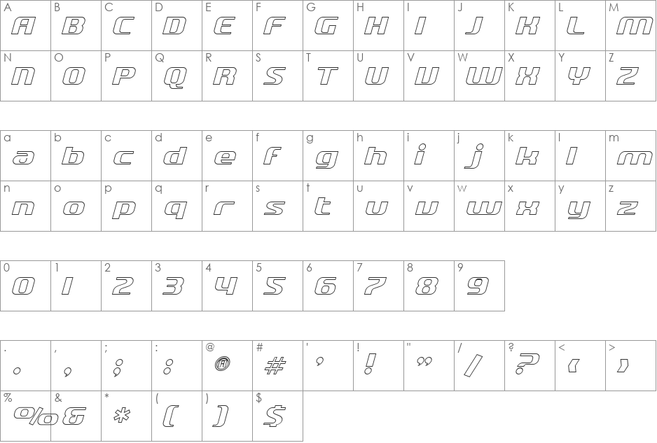SF Quartzite Outline font character map preview