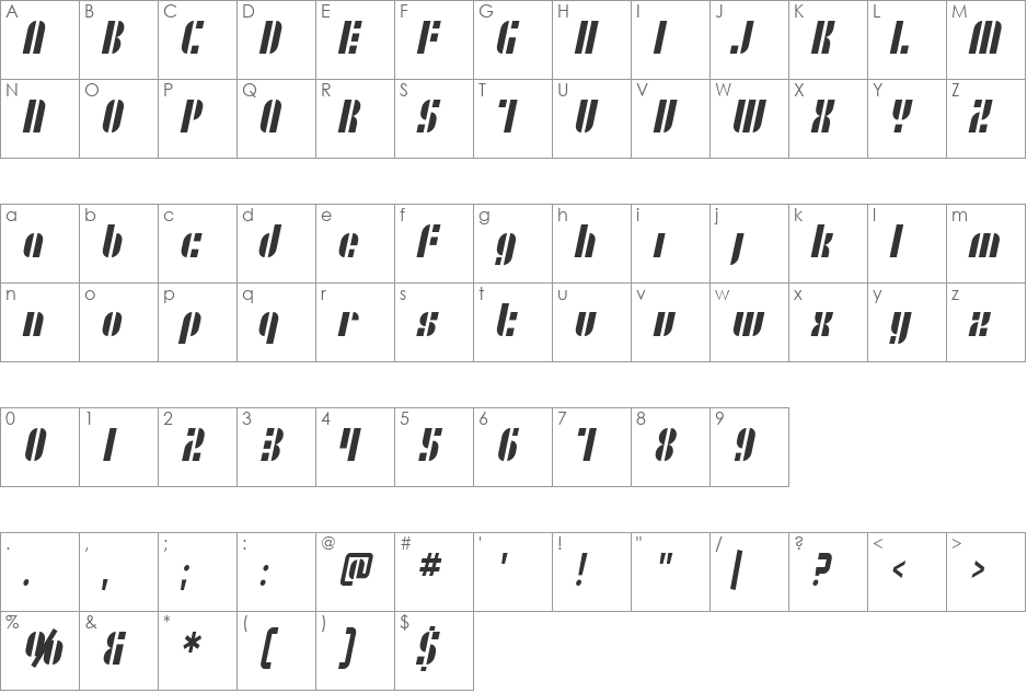 SF RetroSplice Condensed font character map preview