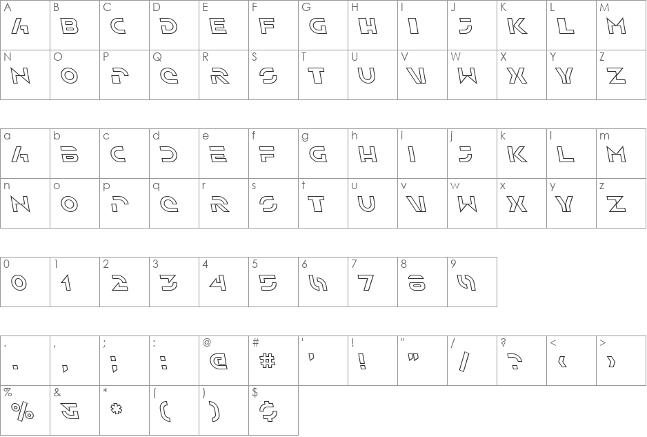 SF Solar Sailer Outline font character map preview