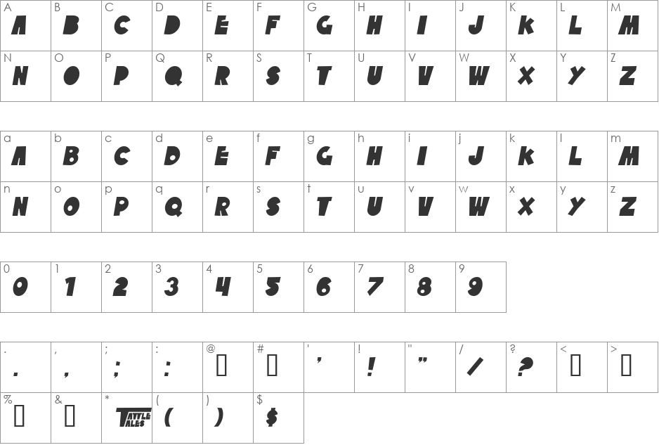 SF Tattle Tales font character map preview