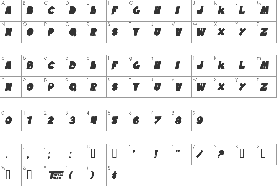 SF Tattle Tales font character map preview