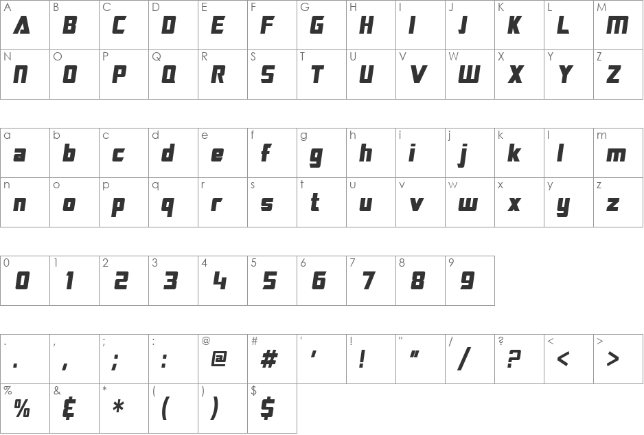 SF TransRobotics Condensed font character map preview
