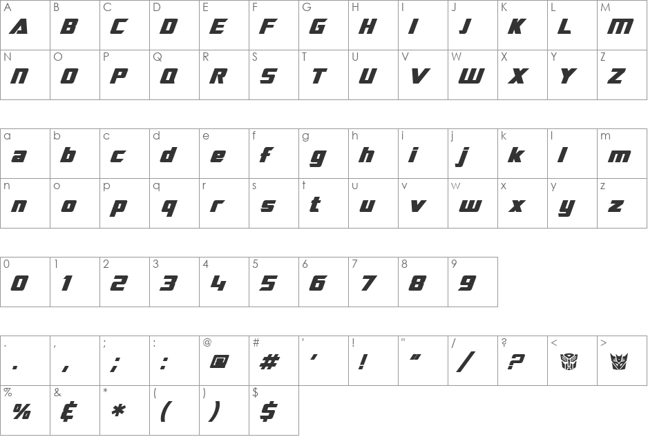 SF TransRobotics Extended font character map preview