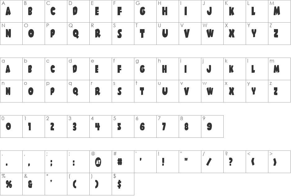 Shablagoo Condensed font character map preview
