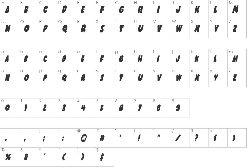 Shablagoo Condensed Italic font character map preview