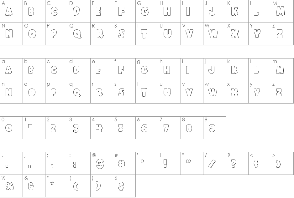 Shablagoo Outline font character map preview