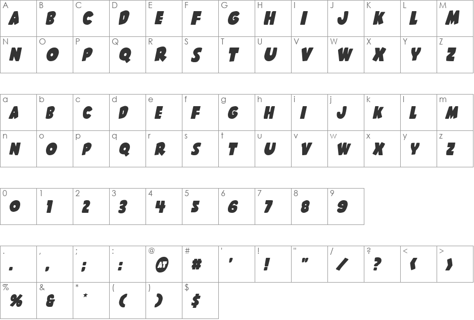Shablagoo Overlap Italic font character map preview