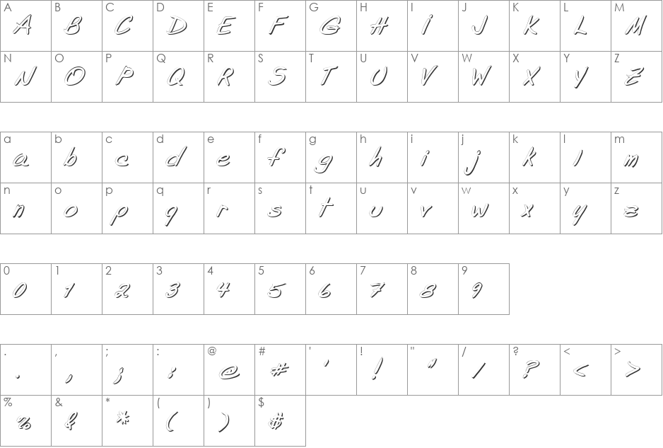 Shade of Adelyne font character map preview