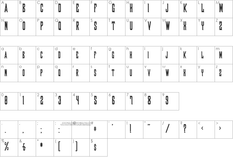 Shadow of Xizor font character map preview