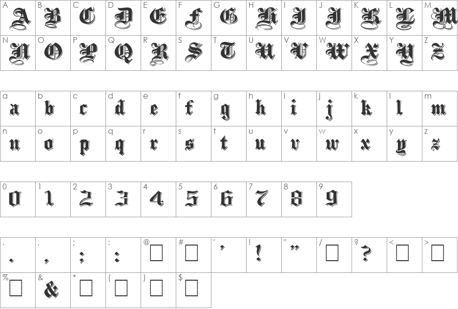 ShadowedBlackWide font character map preview