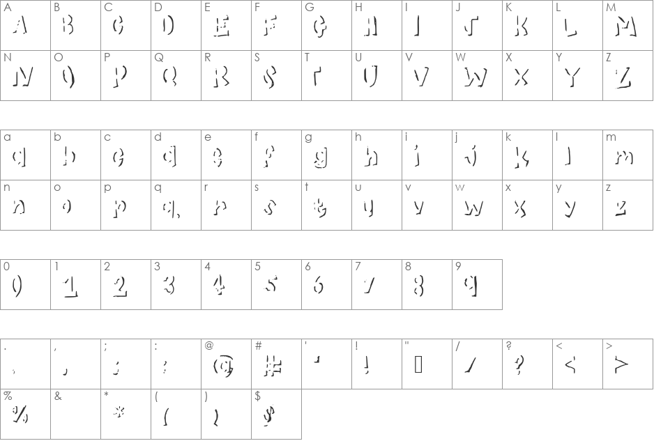 Shadows font character map preview