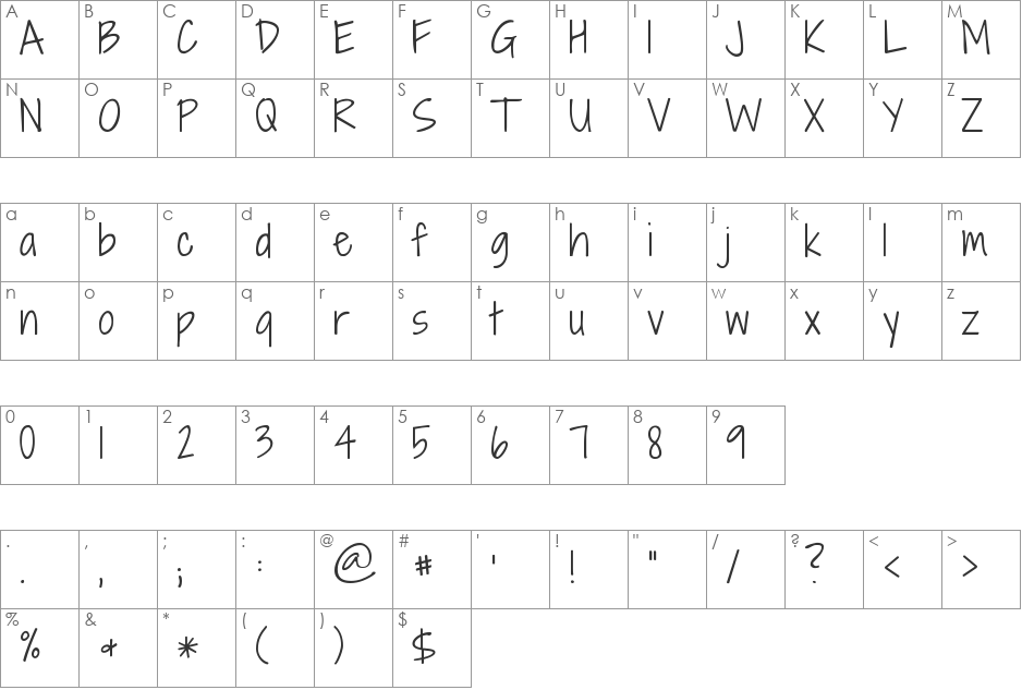 Shadows Into Light font character map preview