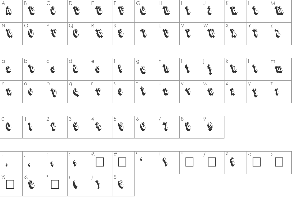 ShadowSlant font character map preview