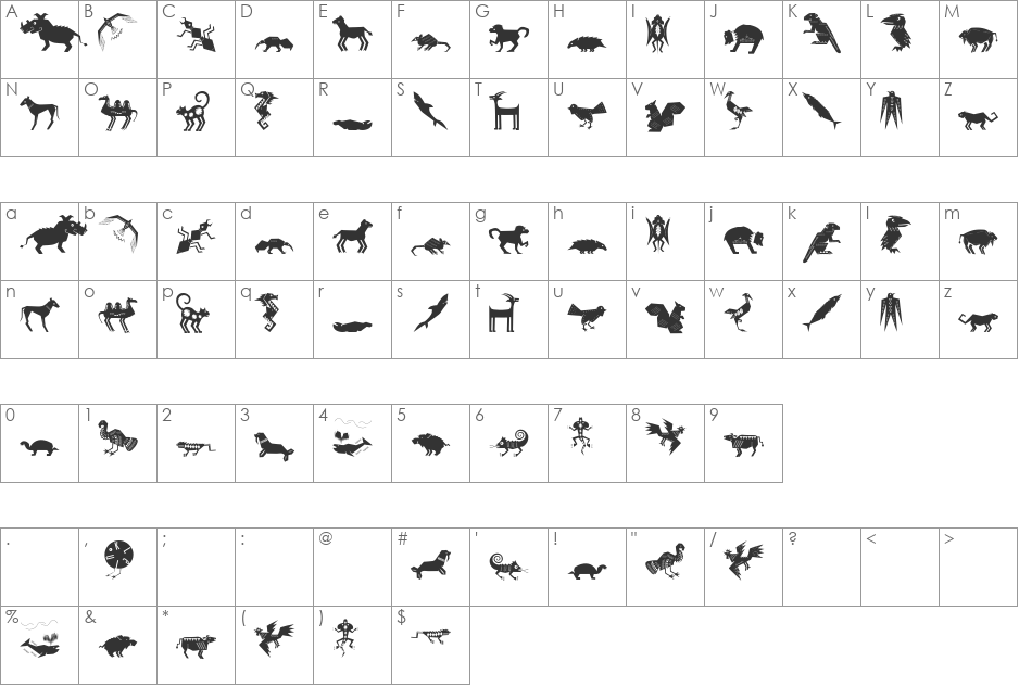 Shamanish font character map preview