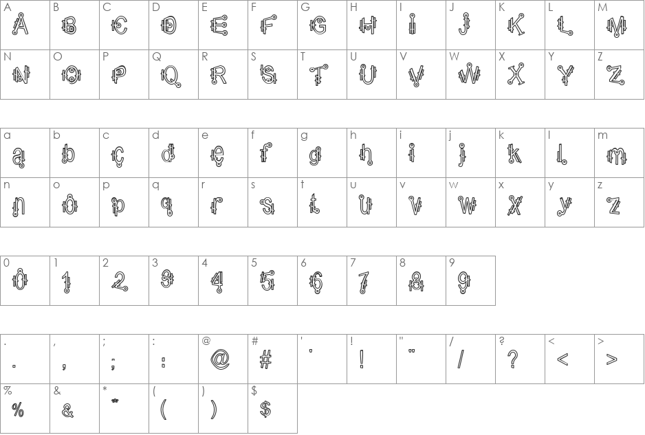 Shamantics Hollow font character map preview