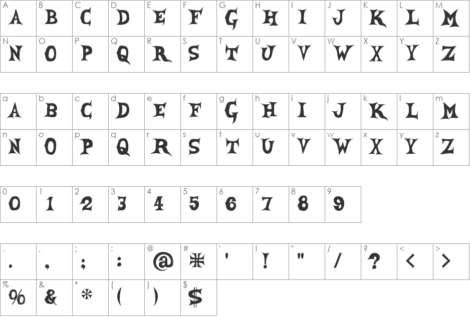 SheCreature font character map preview