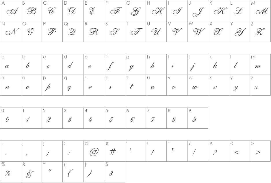 SheerElegance font character map preview