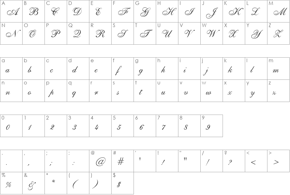 SheerElegance font character map preview