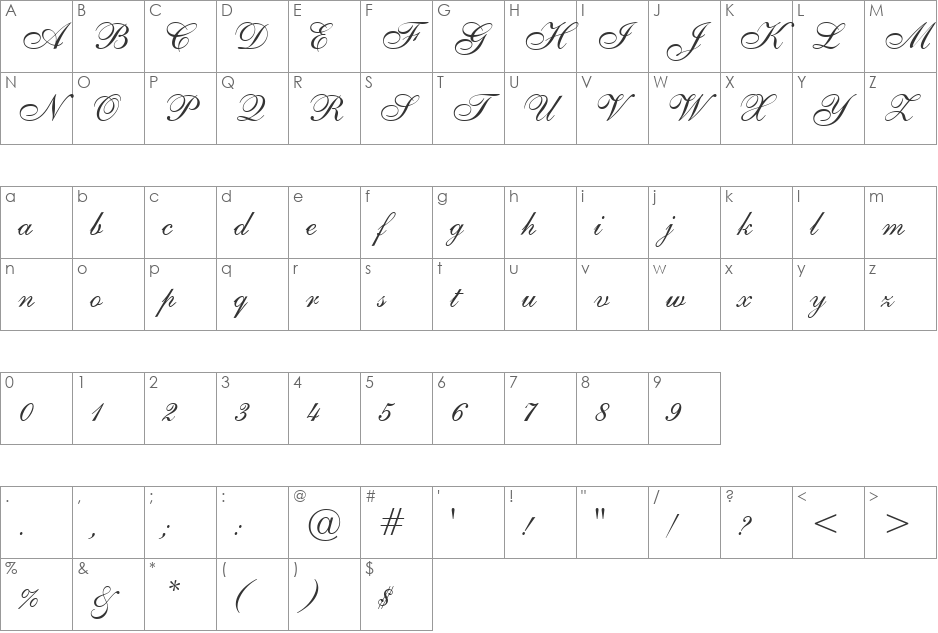 Shelley font character map preview