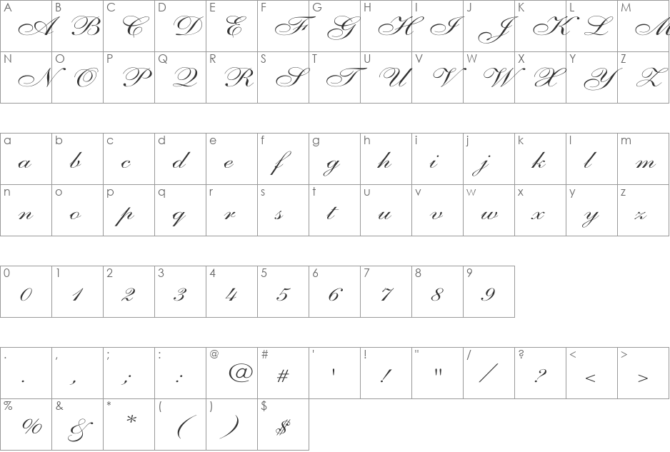 Shelley-AllegroScript Wd font character map preview