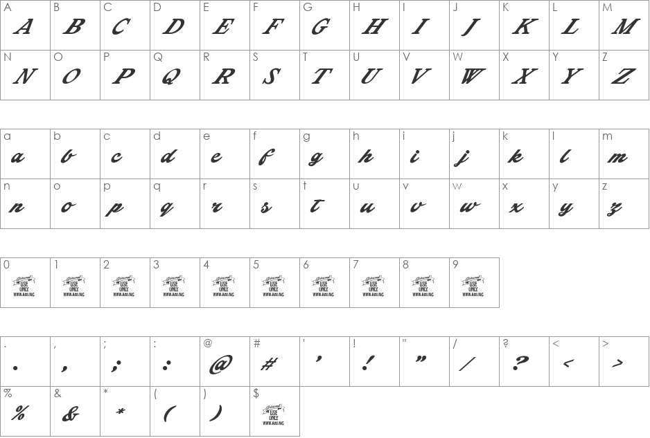 Shenandoah Personal Use Only font character map preview