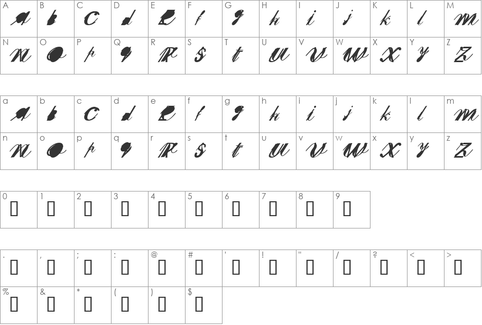 SherleyXXX font character map preview