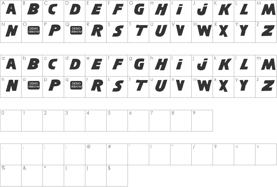 Shining NFI Demo font character map preview