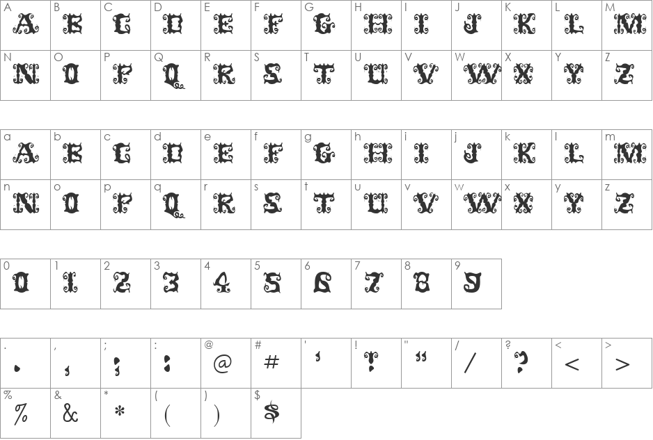 Shirly font character map preview