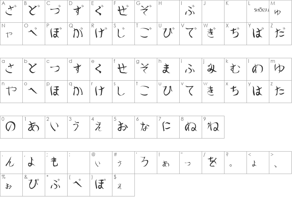 Shorai font character map preview