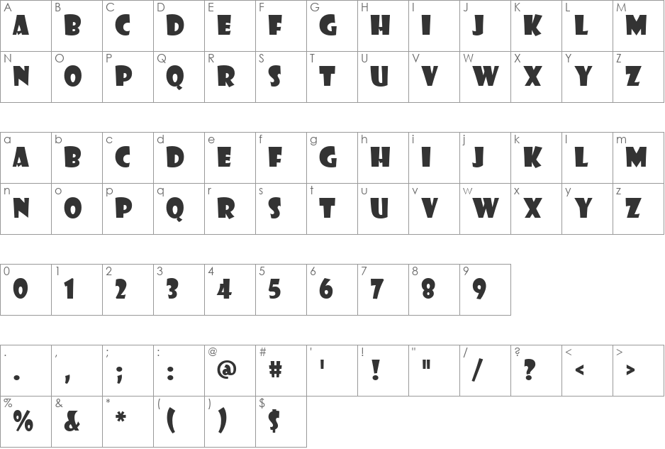 Showcard Gothic font character map preview