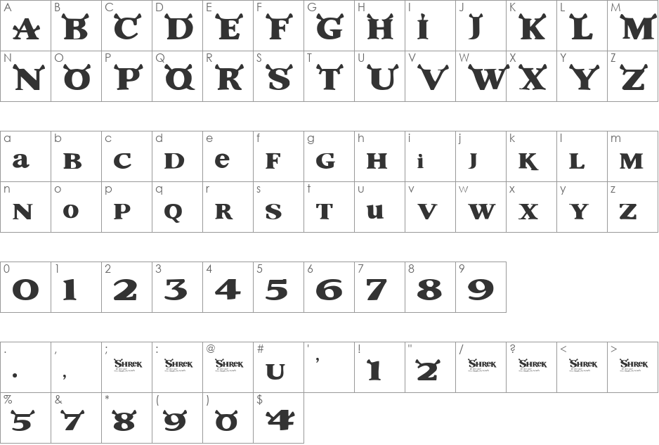 Shrek font character map preview
