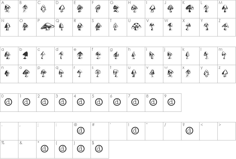 Shrooms font character map preview