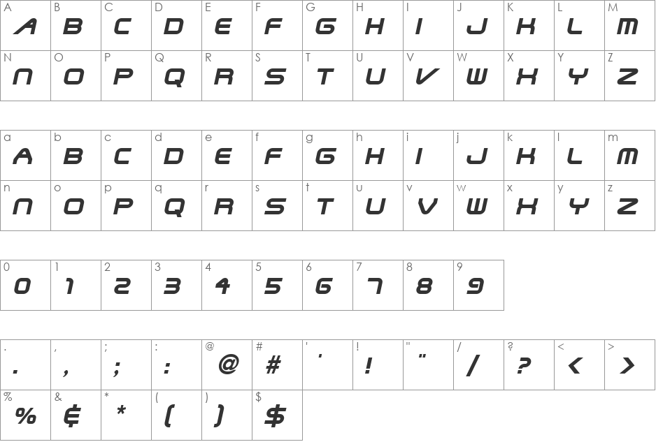 Shuttle font character map preview