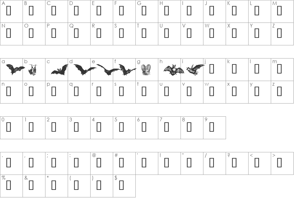 BatBats font character map preview