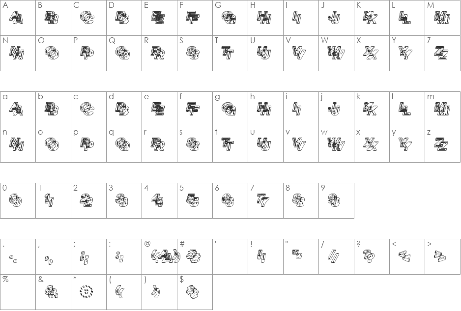 Siamese Twins font character map preview