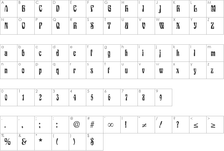 Siegfried DB font character map preview