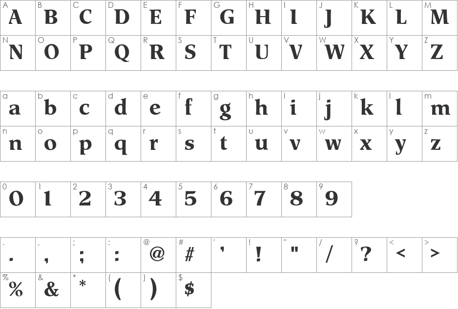 Siena font character map preview