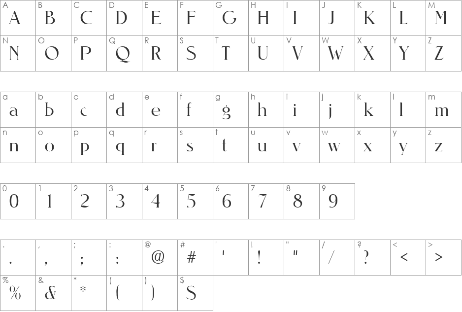 Sierra Light SF font character map preview