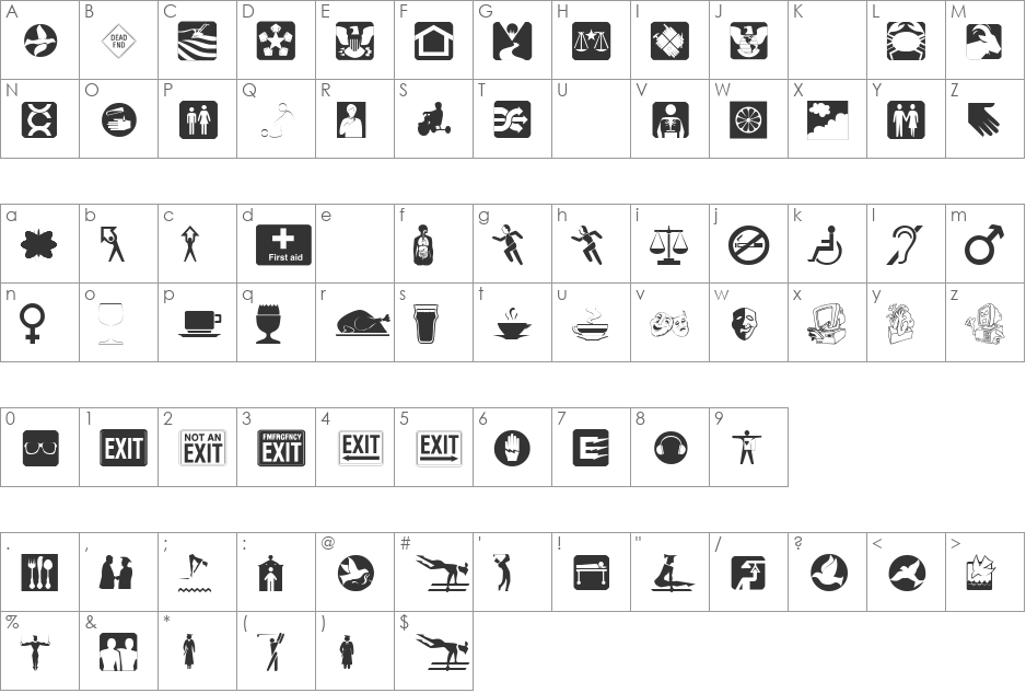 Signs2 font character map preview