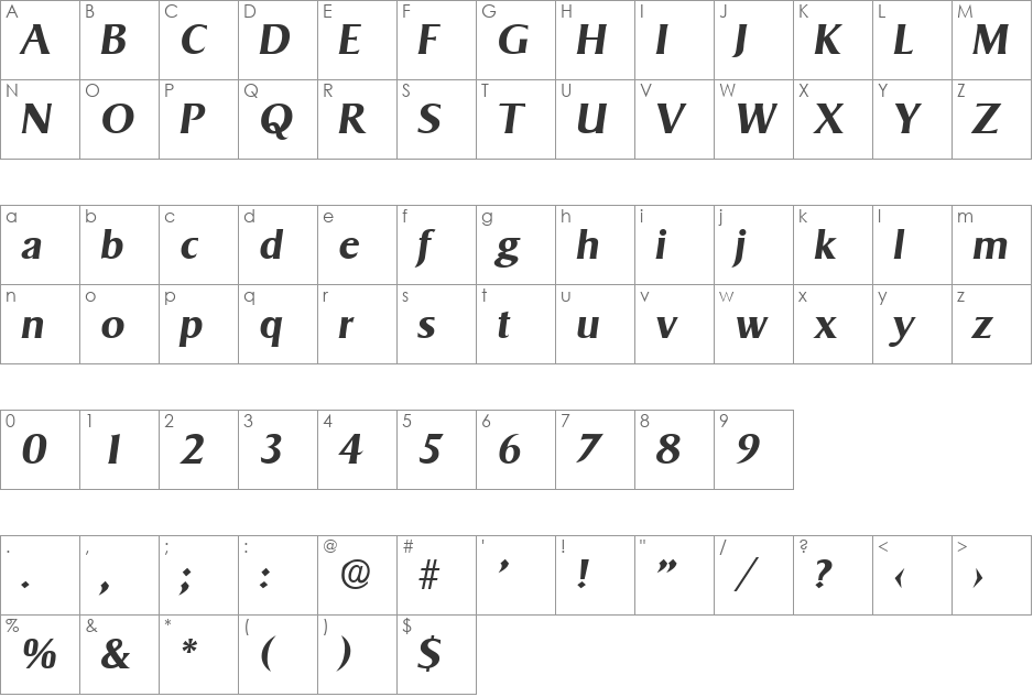 Sigvar-DemiBoldIta font character map preview