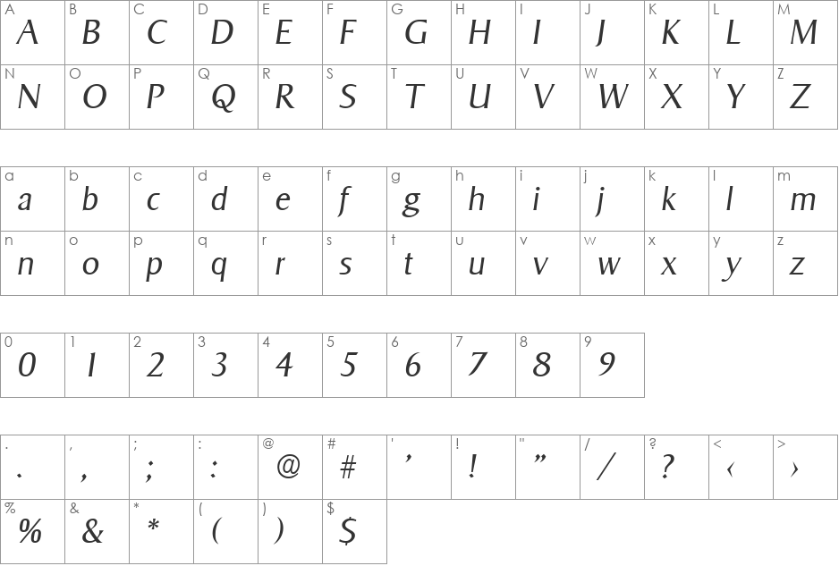 Sigvar-LightIta font character map preview