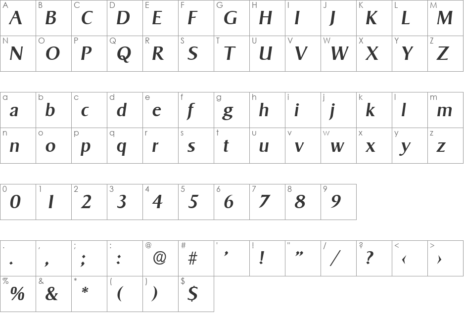 Sigvar-MediumIta font character map preview