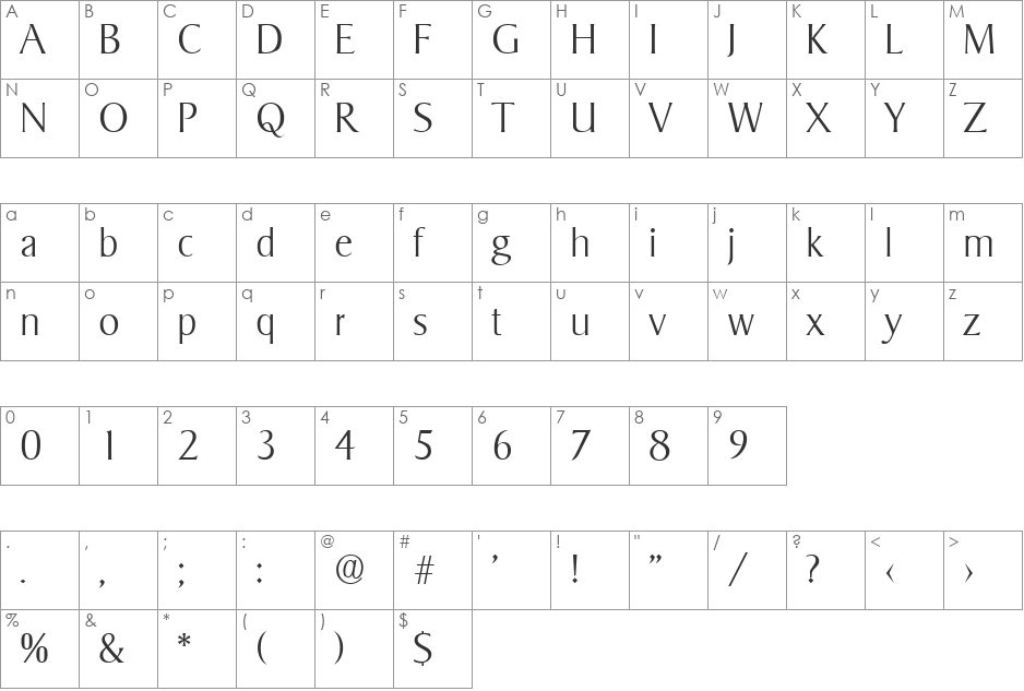 Sigvar-Xlight font character map preview