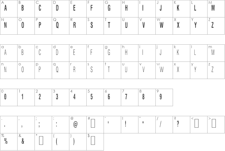 Silent Hell of Cheryl Condense font character map preview
